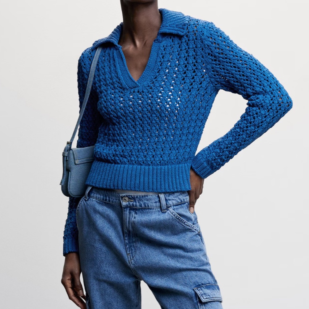 Mango Royal Blue V-Neck Crochet Sweater